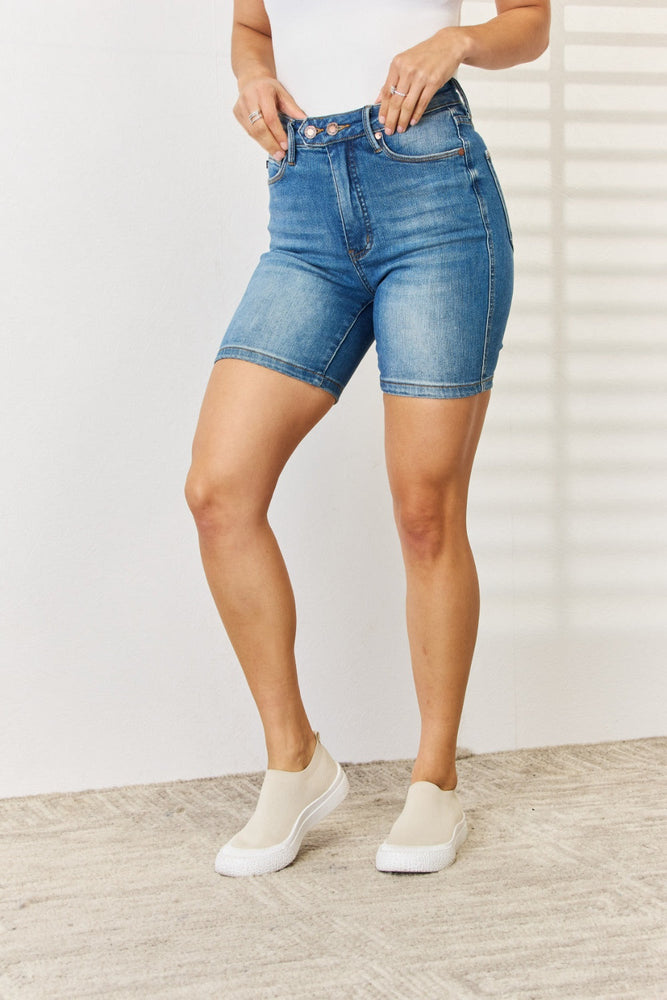Judy Blue Full Size Tummy Control Double Button Bermuda Denim Shorts - Case Collection Clothing