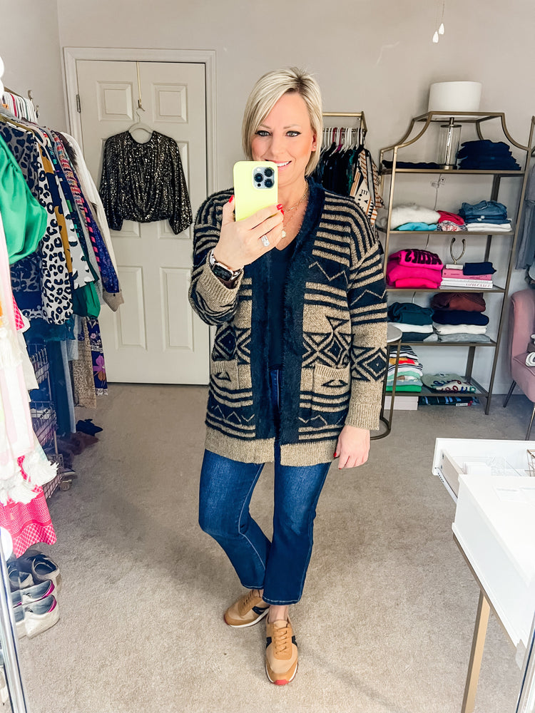 Aztec Print Fuzzy Cardigan - Case Collection Clothing
