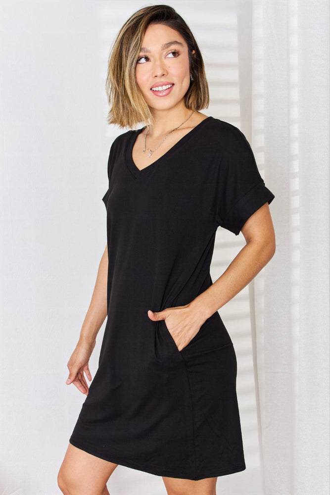 Zenana Full Size Rolled Short Sleeve V-Neck Dress - Case Collection Clothing
