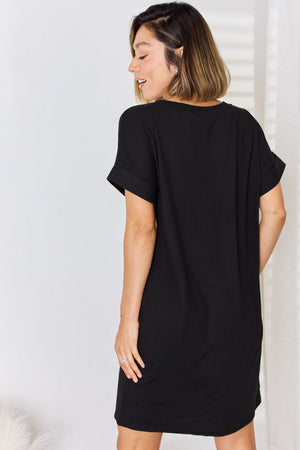 Zenana Full Size Rolled Short Sleeve V-Neck Dress - Case Collection Clothing